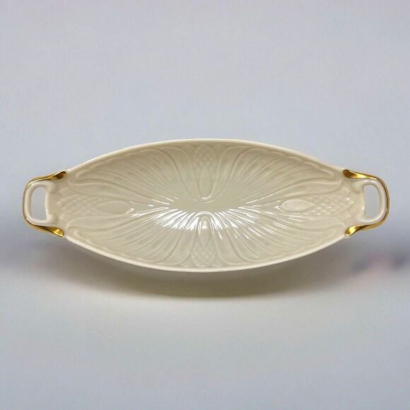 Lenox Monaco Oblong Dish VTG Ivory 24K Gold Trim Handles Pineapple Embossed USA - Picture 1 of 10
